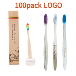 100pcs Customized Logo Kids Bamboo Toothbrush Soft Bristles Eco Plastic-Free Adults Toothbrushes Oral Care Wooden Tooth Brush