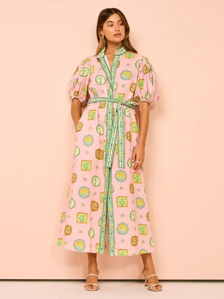 Vintage Printed Graphic Short Sleeve Long Dress 2024 New Women Fashion Casual Lantern Sleeve Midi Dress Elegant Holiday Party