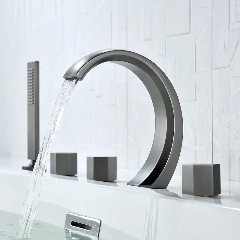 

Gray Bathtub Faucet Widespread Tub Sink Mixer Tap Brushed Gold Brass Bathroom Bath Shower with Hand shower Head