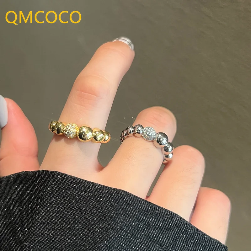 QMCOCO Minimalist Silver Color Rings For Women Fashion Creative Asymmetry Round Beads Rings 2022 Trendy Party Jewelry Gifts
