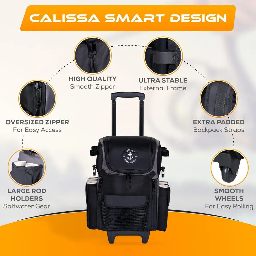 صندوق أدوات صيد السمك المتدحرج في الخارج مع عجلات، حقيبة ظهر صيد مقاومة للماء مع حامل قضيب وحقيبة تخزين دوارة #4