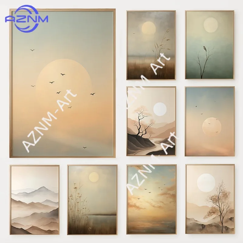 Minimalistisches Poster mit Sonne, Wolken, Vögeln, Natur, Landschaft, japanisches Berg- und Seelandschaftsgemälde auf Leinwand, Wandkunst für Wohnzimmer, Heimdekoration
