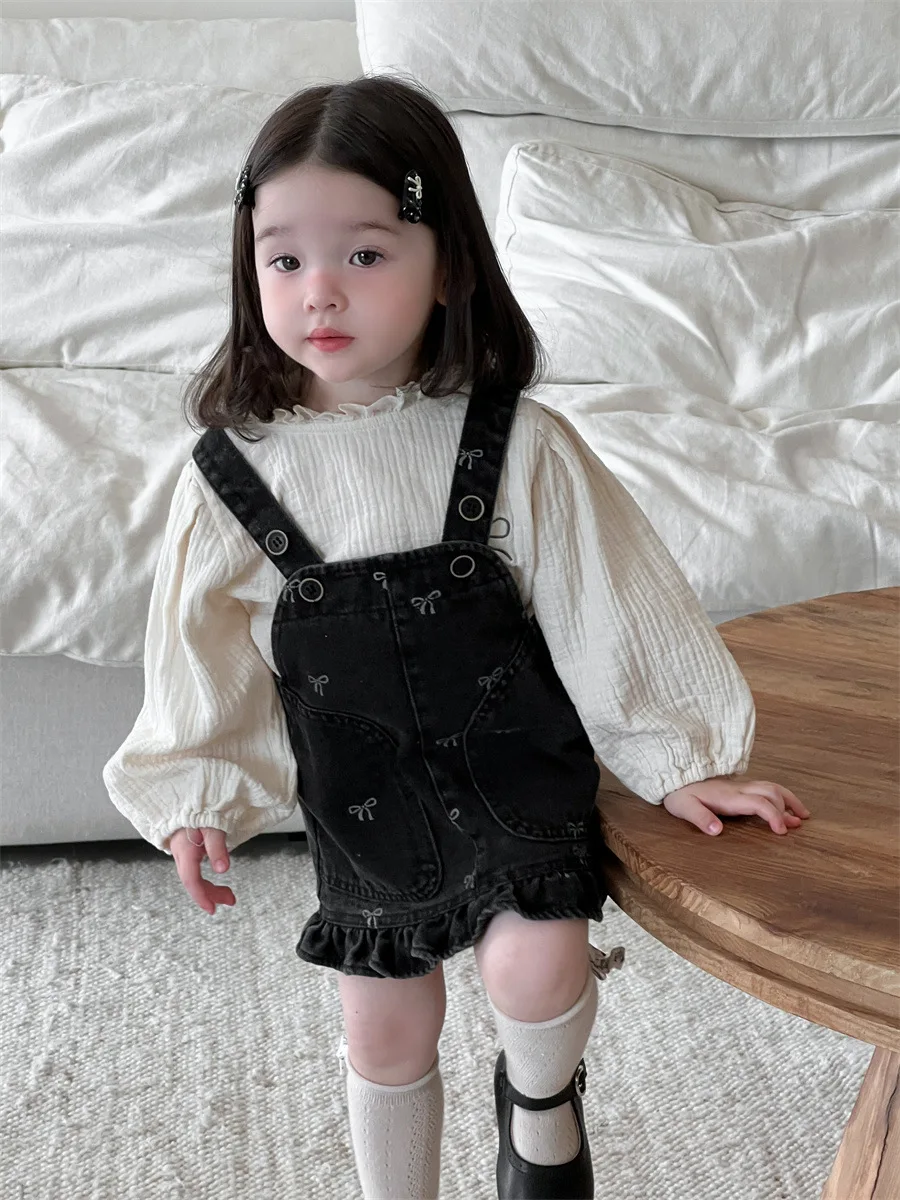 Baby Girl Clothes 2024 Autumn Infant Solid Lantern Sleeve Loose Shirts Or Bow Denim Suspenders Skirt Toddler Kids Girls Outfits