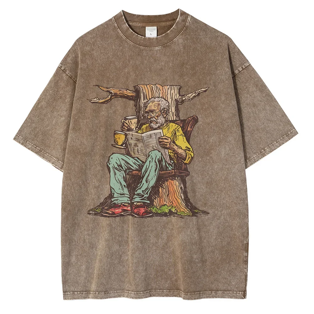 Heavy Cotton Washed T Shirt Senior Man Reading Newspaper and Drinking Coffee Printed Graphic T Shirts Vintage Oversized T Shirt