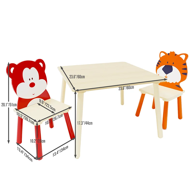 Conjunto de mesa e cadeira infantil, Conjunto de cadeira e mesa para crianças, Mesa de madeira, Urso e Tigre, 3 peças