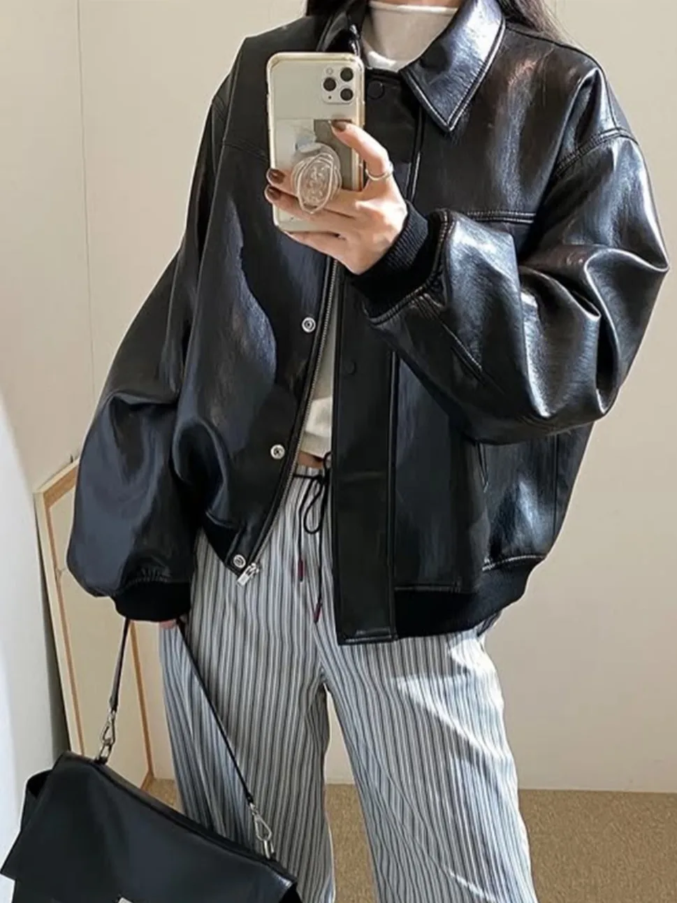 Bla ort Jaet in pelle allentata da donna coreana Sle Hong Kong Sle Retro Chic Faion High-End Feelings Cappotto in pelle PU