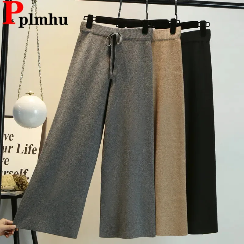 

Fall Winter Knitted Wide Leg Pants Women Casual Baggy Elastic High Waist Straight Pantalones Thick Knit Ankle Length Sweatpants