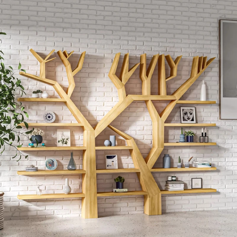 Simple modern logs, diverse tree-shaped bookshelves, solid wood walls, wall-to-wall display racks, assembly, creative multi-laye