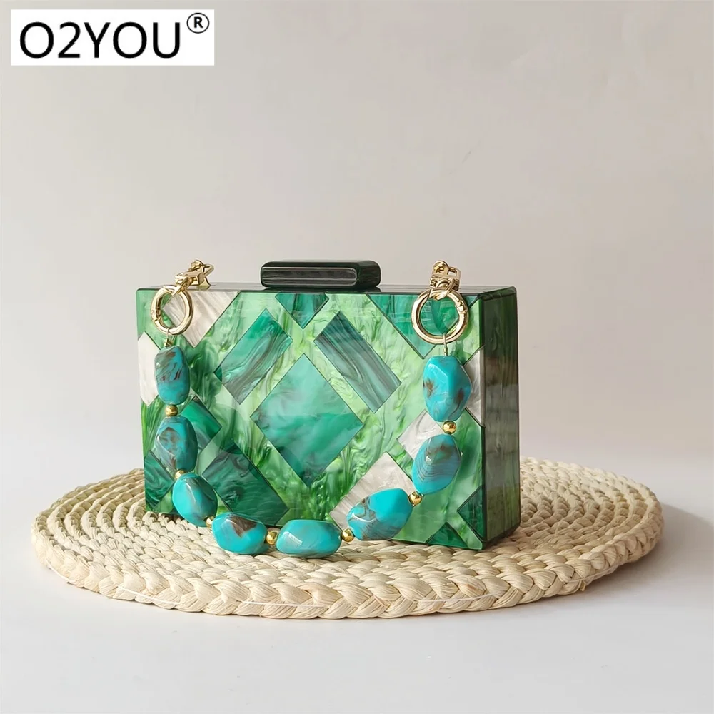 Green Marble Striped Patchwork Women Acrylic Day Clutch Wedding Bridal Handbags Small Evening Bags Party Birthday Cocktail Purse