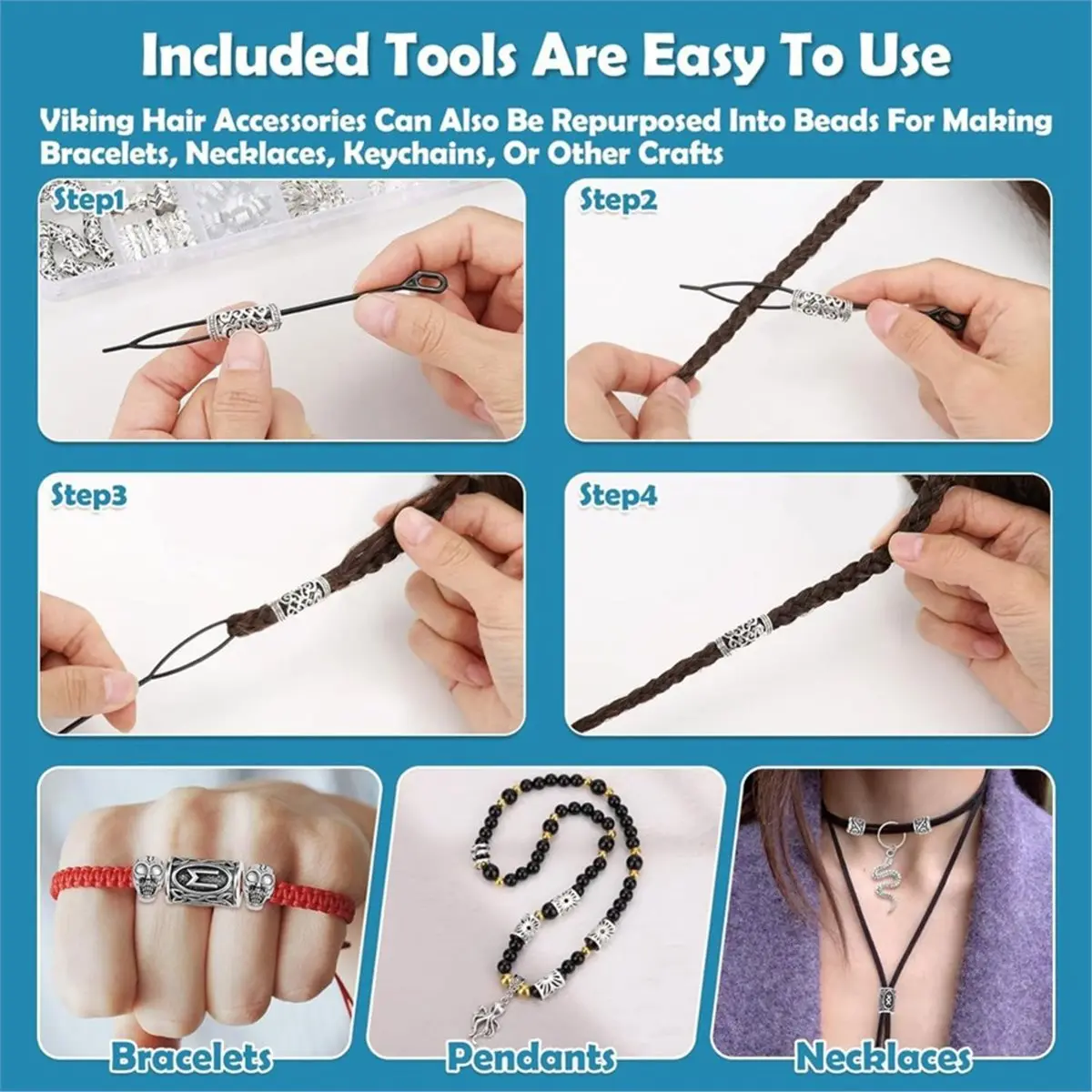 [NEW] 247Pcs Viking Hair Accessories Runes Tube Beads Metal Cuffs Clips Rings, Dreadlock Beads Braids Locs Hair Jewelry
