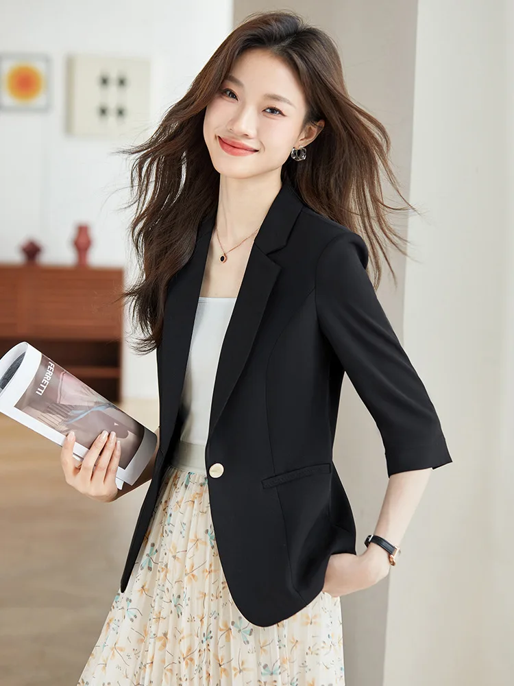 Alta qualidade três quartos feminino blazer feminino azul branco preto único botão fino jaqueta senhoras negócios trabalho wear casaco formal