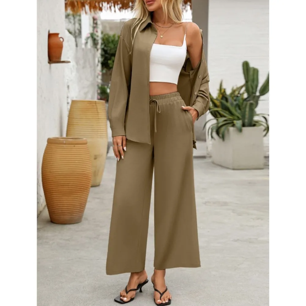 Casual Revers Hemd Lange Ärmel frauen Zwei-stück Set Frühling Sommer Neue Mode Elastische Taille Spitze-up Lange hosen Weibliche Set 2025