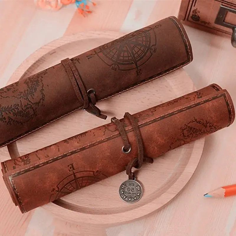 Vintage Imitation Cowhide Leather Roll Up Pirate Treasure Map Pencilcase Office School Supply Woman Cosmetics Storage Bag Gift image 4