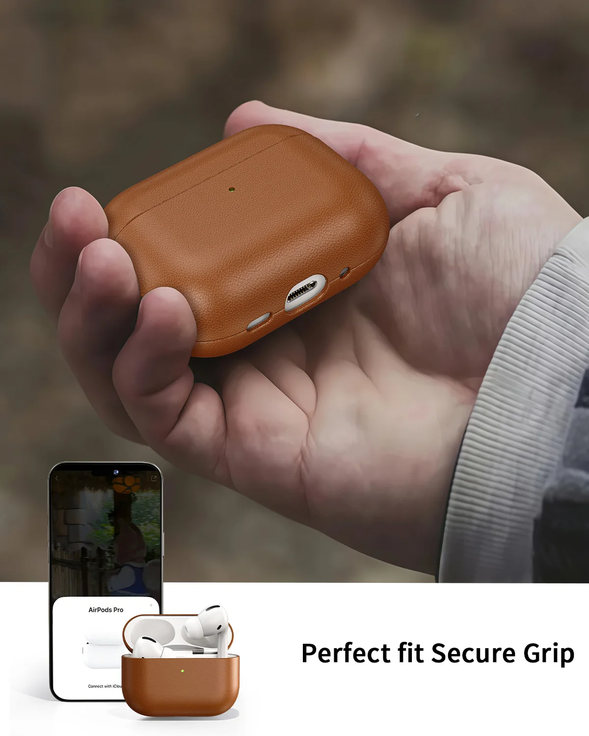 Oatsbasf Skórzane etui ochronne na słuchawki AirPods Pro 3, pełne pokrycie, odporne na wstrząsy, z haczykiem — zdjęcie produktu 4