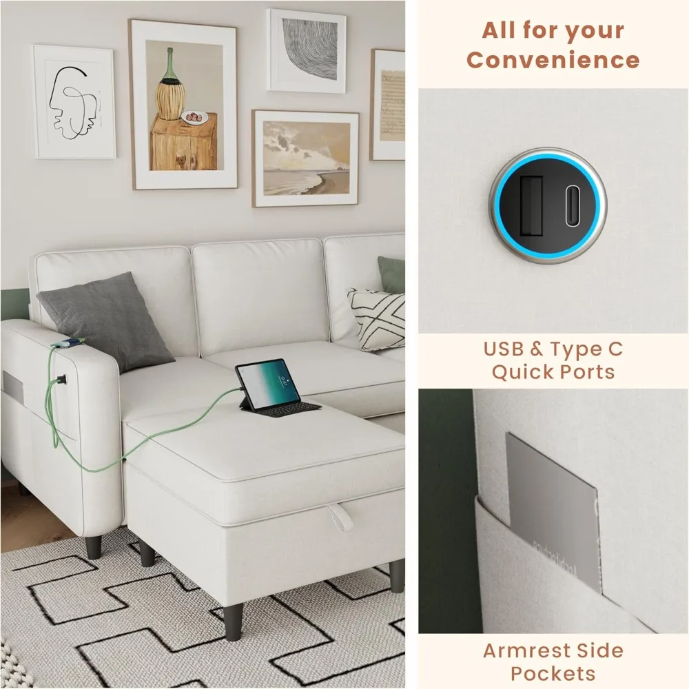 거실용 섹셔널 소파, 78인치 베이지색, USB + 타입-C 고속 포트 및 수납 오토만 포함, 3인용 L자형 소파