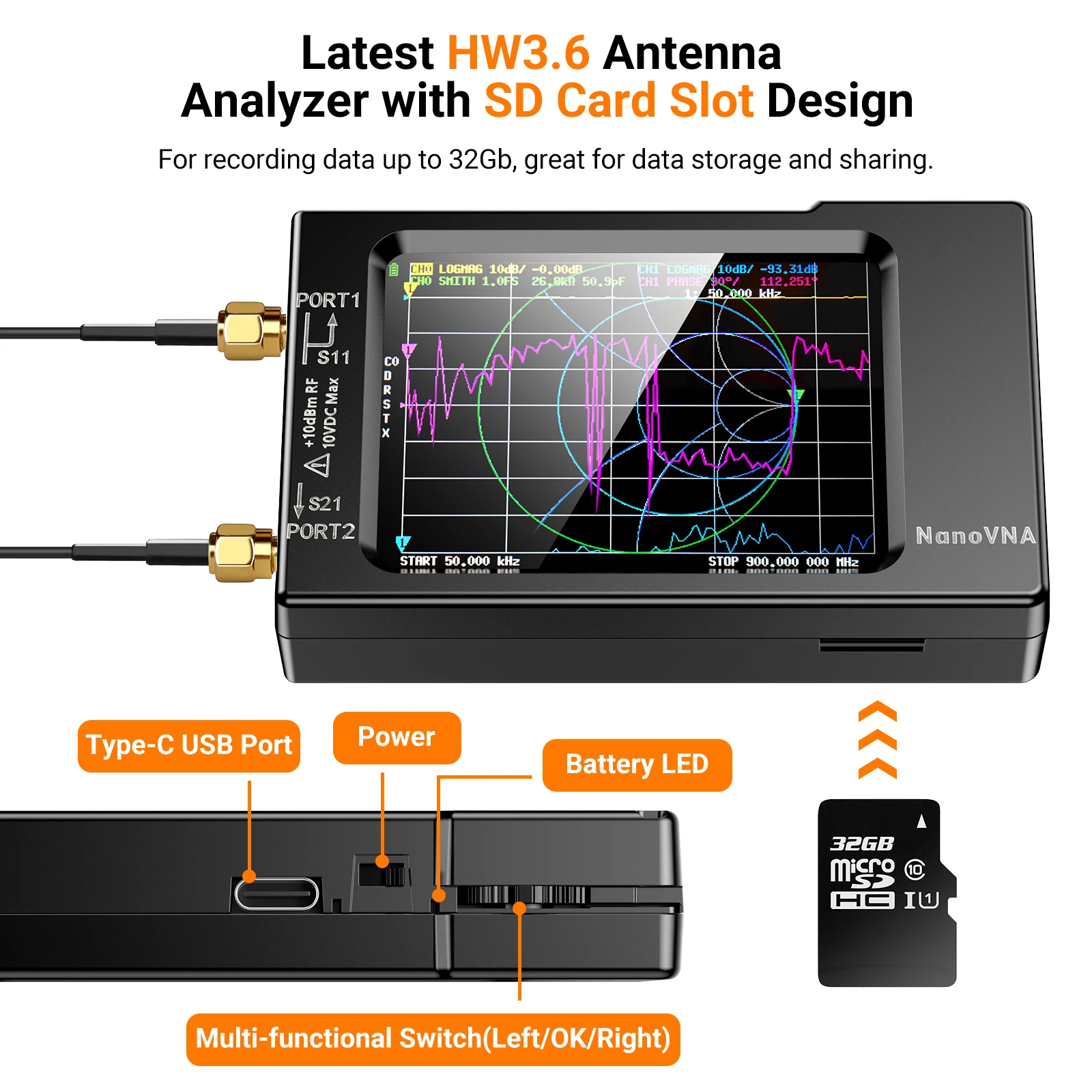 NanoVNA-H 벡터 네트워크 안테나 분석기, MF HF VHF UHF W/쉘 SD 카드 슬롯 지원, 32G 디지털 나노 VNA-H 테스터, 10KHz-1.5GHz