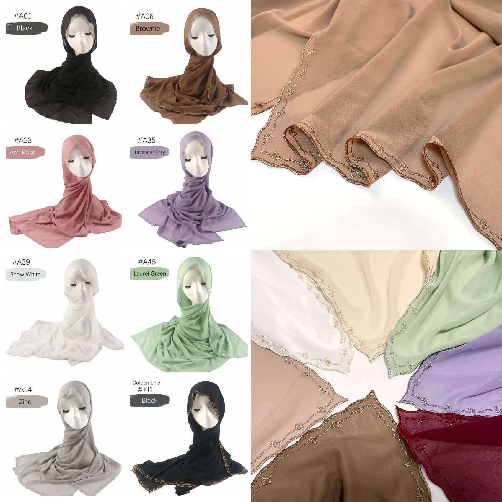 

Muslim Women Sulam Hijab Shawl Embroidered Scallop Headscarf Premium Heavy Chiffon Shawl Embroidery Edge Shawls Hijab Scarf