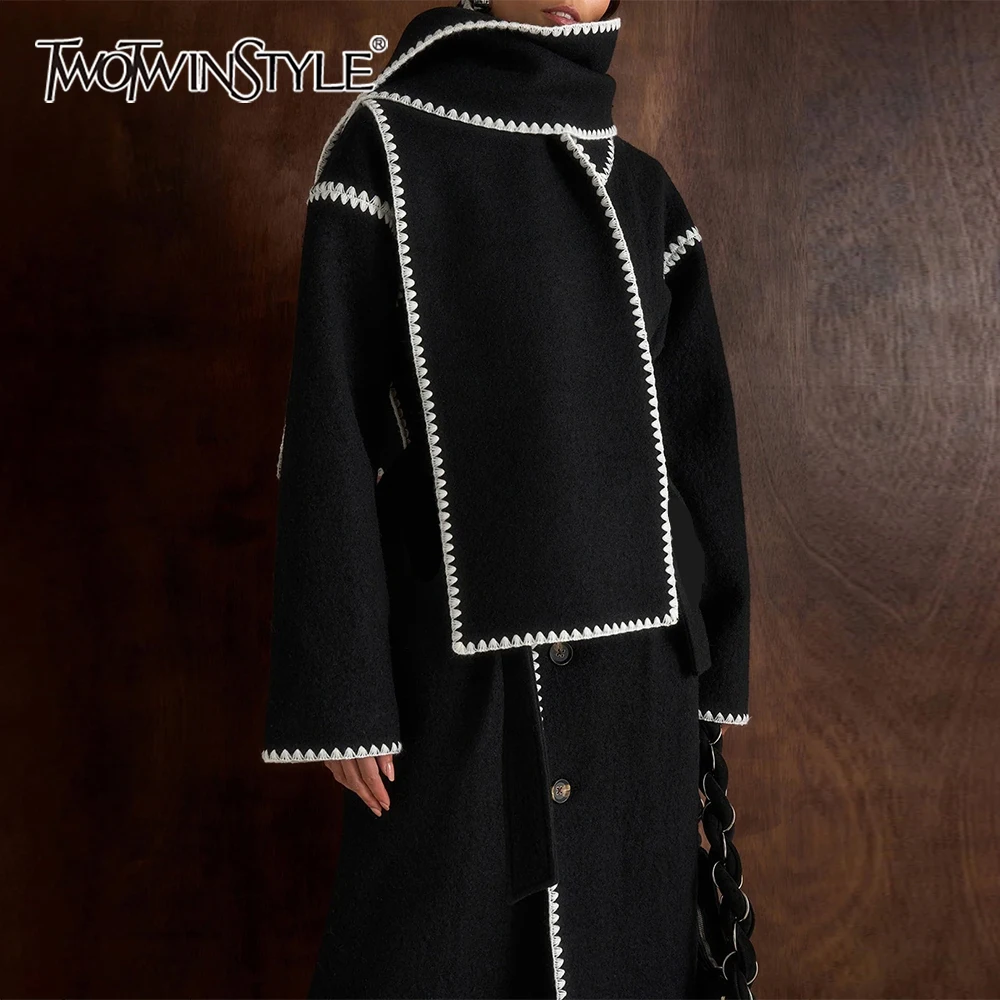 

TWOTWINSTYLE Black Spliced Embroidery Jacket Female Stand Collar Long Sleeve Loose Korean Elegant Women's Jackets Autumn Fashion