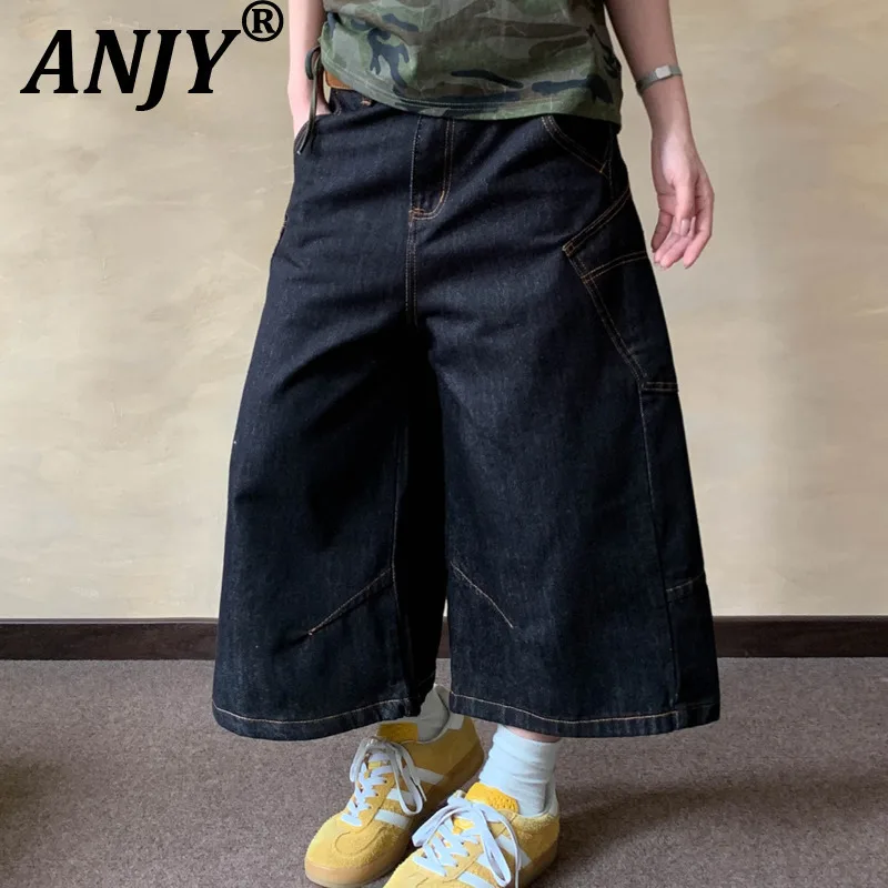 

ANJY Summer New Women American Retro Chic Fashion Multi-Pocket Denim Cropped Pants Casual Versatile Stylish Wide Leg Jeans A7765