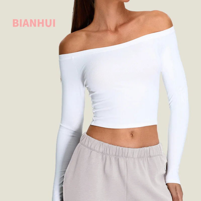 Women Off Shoulder Long Sleeve Yoga Top Ribbed Tight Fitting Cropped Workout Shirt Slim Sports Fitness Running Activewear Shirt