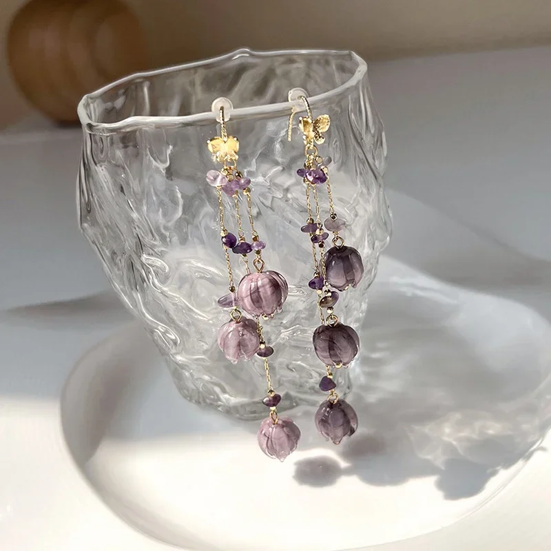 

Minar Fantasy Purple Color Glass Bell Orchid Long Tassel Dangle Earrings for Women Trendy Gold Color Metal Flower Earring Gifts