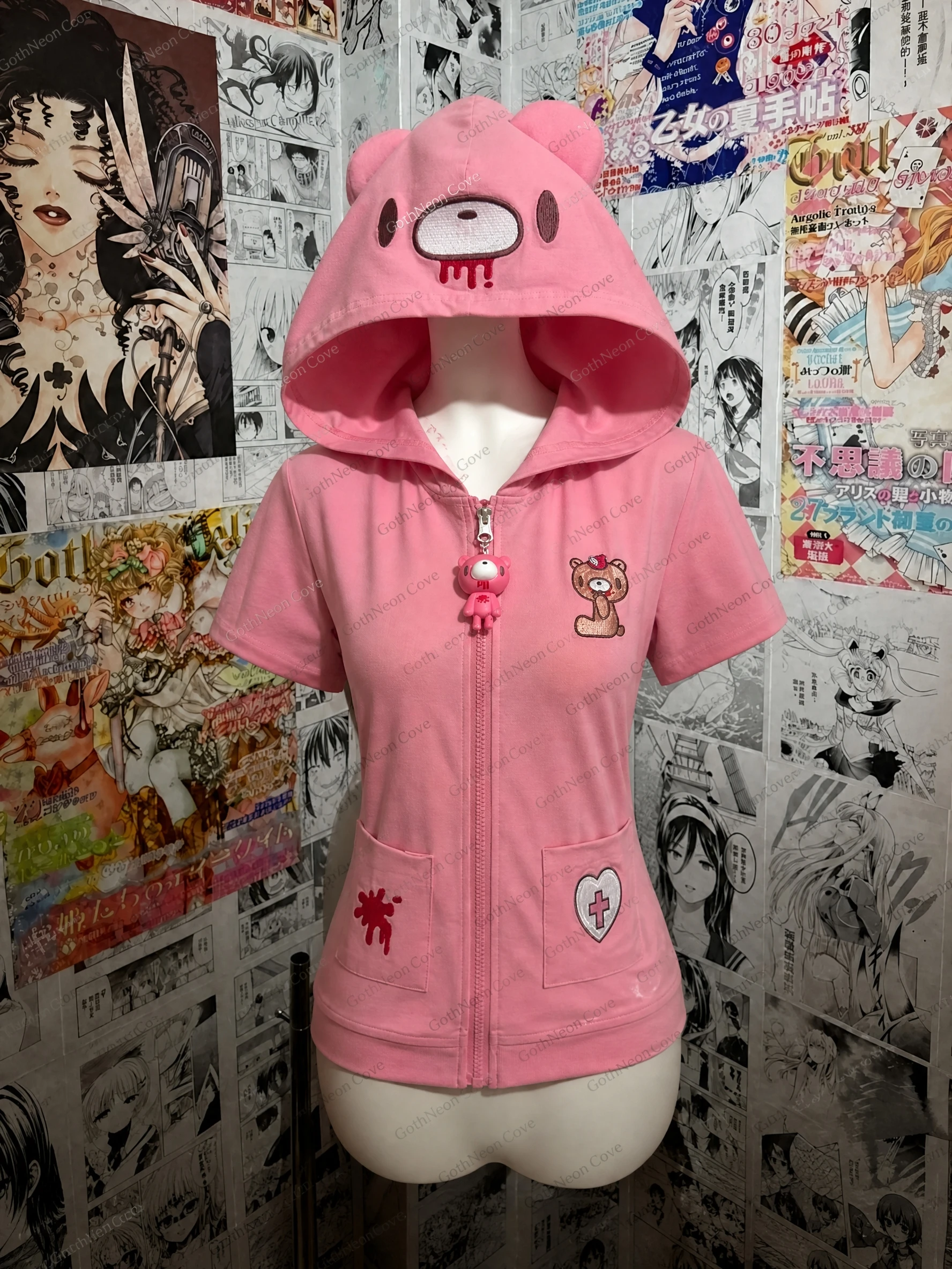Y2K Harajuku Goth Kawaii Short Sleeve Zip Up Hoodie Women Gloomy Bear Embroidery Bear Ears Pocket Casual Streetwear Sweatshirt