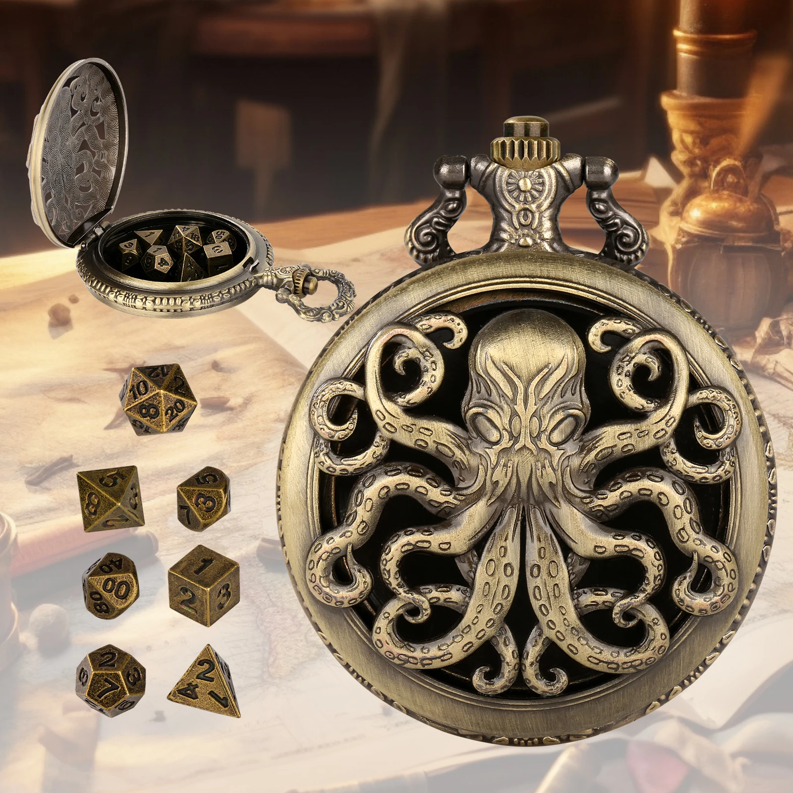 1pcs Octopus Pocket Watch Case Dice Set , 7 Pcs Polyhedral Metal DND Dice, D&D Gifts, Roleplaying Board Game Accessories