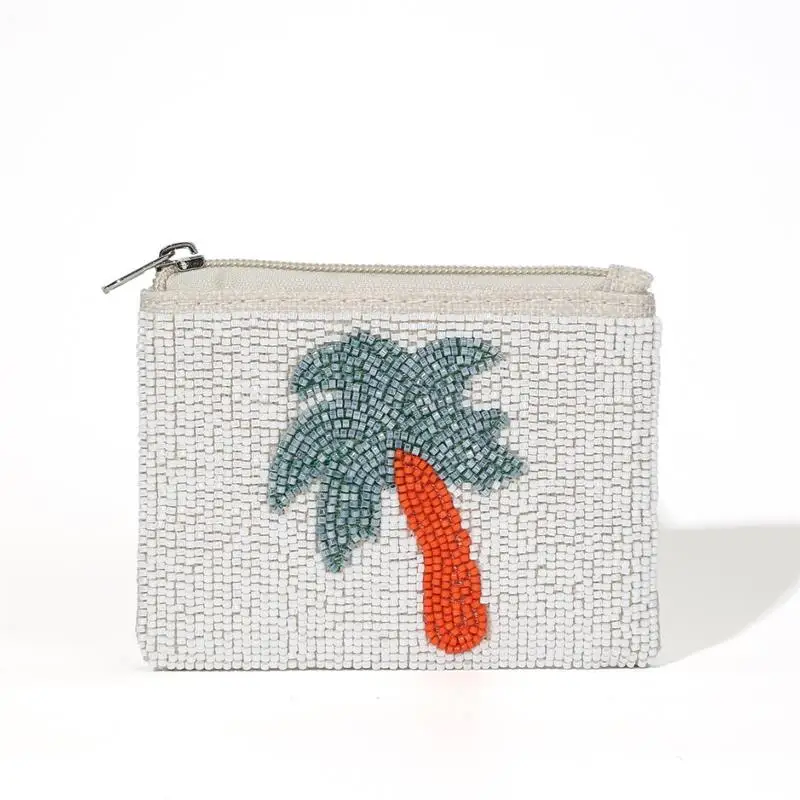Embroidered Beaded Coin Purse,Women Exquisite Banana Coconut Tree Pattern Wallet,Zipper Closure Id Card Holder,Passport Cover