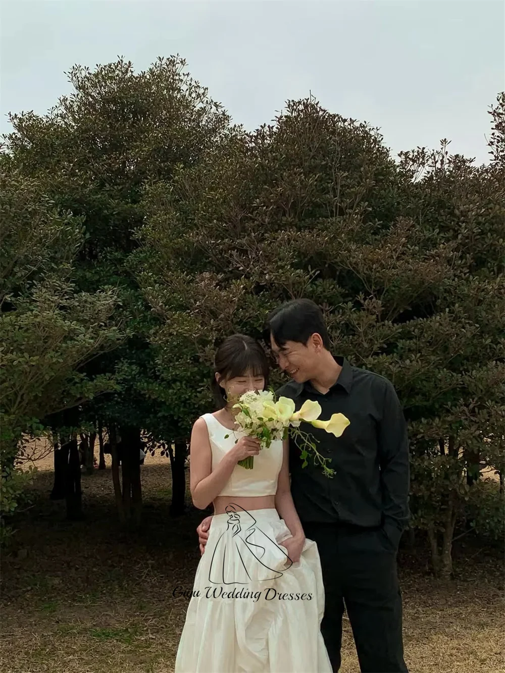Giyu Customized 2 Pieces Korean Wedding Snap Dresses U-Neck Sleeveless A Line Bridal Gown Simple Korea Photo Shoot Gown ﻿