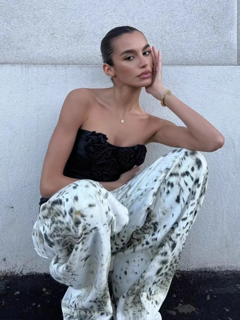 

American Style Loose Fit Leopard Print Bell Bottom Jeans Trendy Comfortable Commute All Season Women's Cotton Stretch Denim