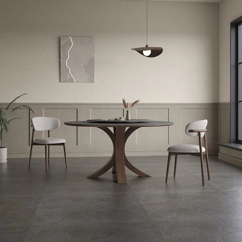 Matte rock slab dining table round with turntable 8 people modern simple high-end ash wood solid wood round table