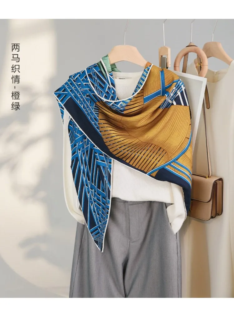 A silk shawl paired with summer-themed neck-protecting scarf made of real and wool an air-conditioned