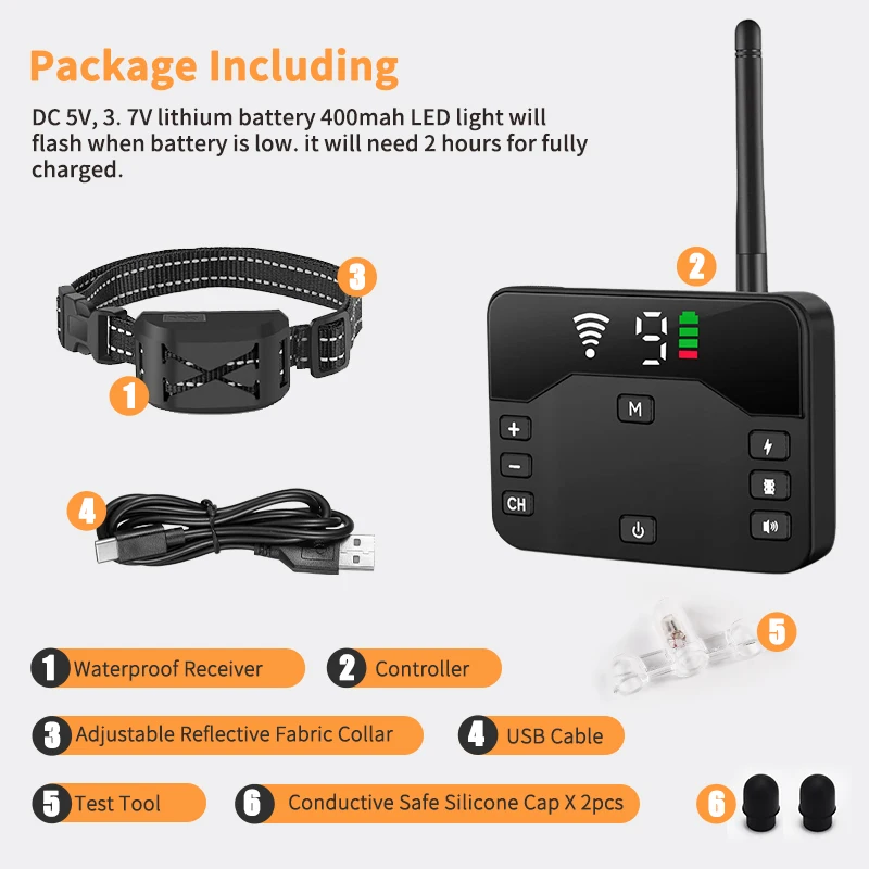 2-in-1 kabelloser elektrischer Zaun für Hunde und Elektroschocker, Trainingshalsband mit Fernbedienung und verstellbarem Piepton, Vibrationsschock, wiederaufladbar – Detail 12