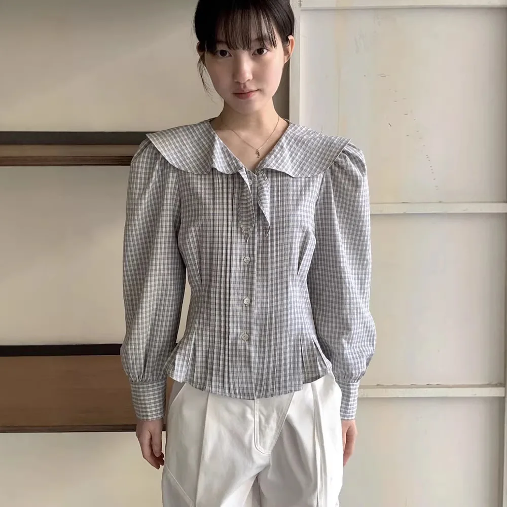 

Женская рубашка в корейском стиле Slim Fit с рукавами-фонариками, плиссированной талией, весенняя модная гладкая скромная блузка с длинным рукавом и воротником