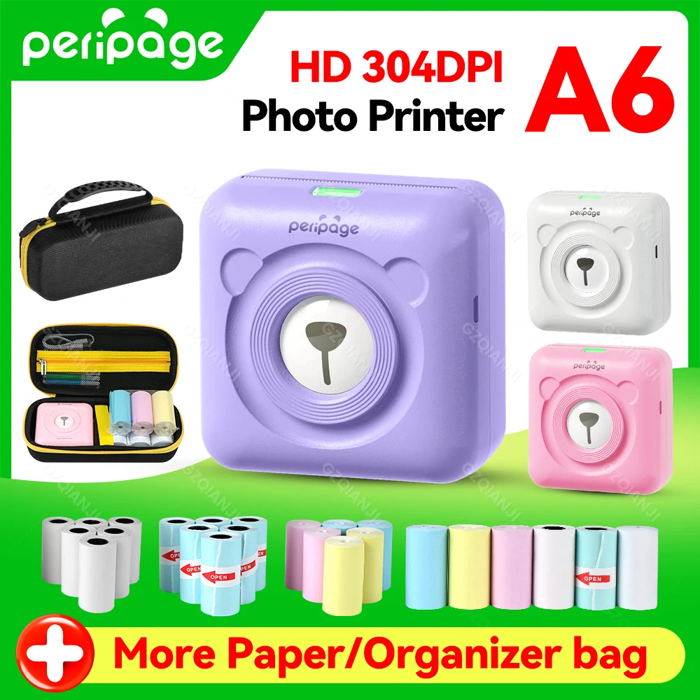 peripage mini impressora de bolso original bluetooth a6 foto termica amarelo roxo fabricante de celular androide ios presente 304dpi 01