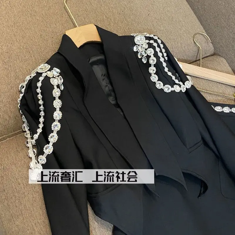 Imagem -06 - Cadeia de Diamante Jacket Irregular ol Turn Down Collar Rhinestone Blazer Coat Crystal Tops Mais Beads Pacote Saia Mulher Suit Pcs Set