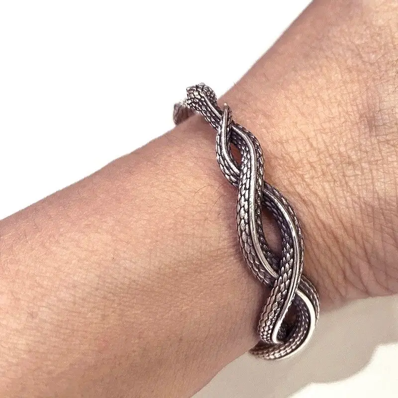 Vintage Double Snake Guarding Entwining Zodiac Snake Opening Bracelet Male Personality Bangle Guardian Fine Couple's Jewelry