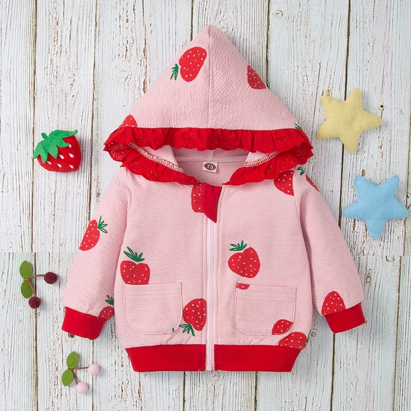 Super Cute Strawberry Print Thickened Warm Hooded Jacket for Girls, Spring and Autumn Style, Baby Fleece-Lined Outerwear C21785