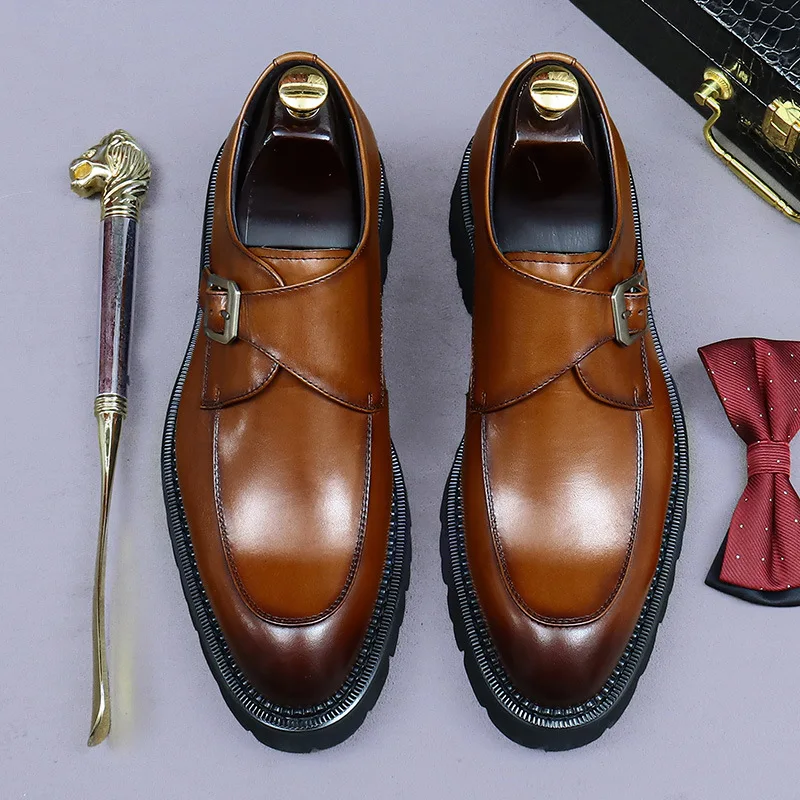 

Mens Single Monk Strap Genuine Leather Loafers Chunky Lug Sole Thick Sole Dress Shoes for Men Luxury Business Casual Footwear
