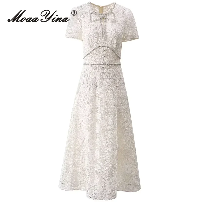 

MoaaYina Fashion Designer Summer Women's Dress Vintage Heavy Diamond Bow Flowers Embroidery Hollow Out Pearlsb Button Dresses