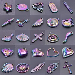 10pcs Wholesale Rainbow Shell Conch Sun Evil Eye Cross Stainless Steel Pendant For Jewelry Making Bulk Star Leaf Pendant Finding