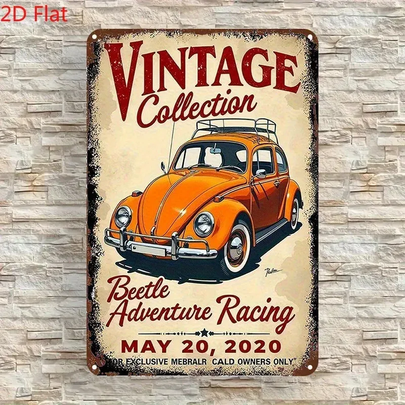 Car Beetle Design Red White Stripes Tin Metal Signs Home Décor 8x12