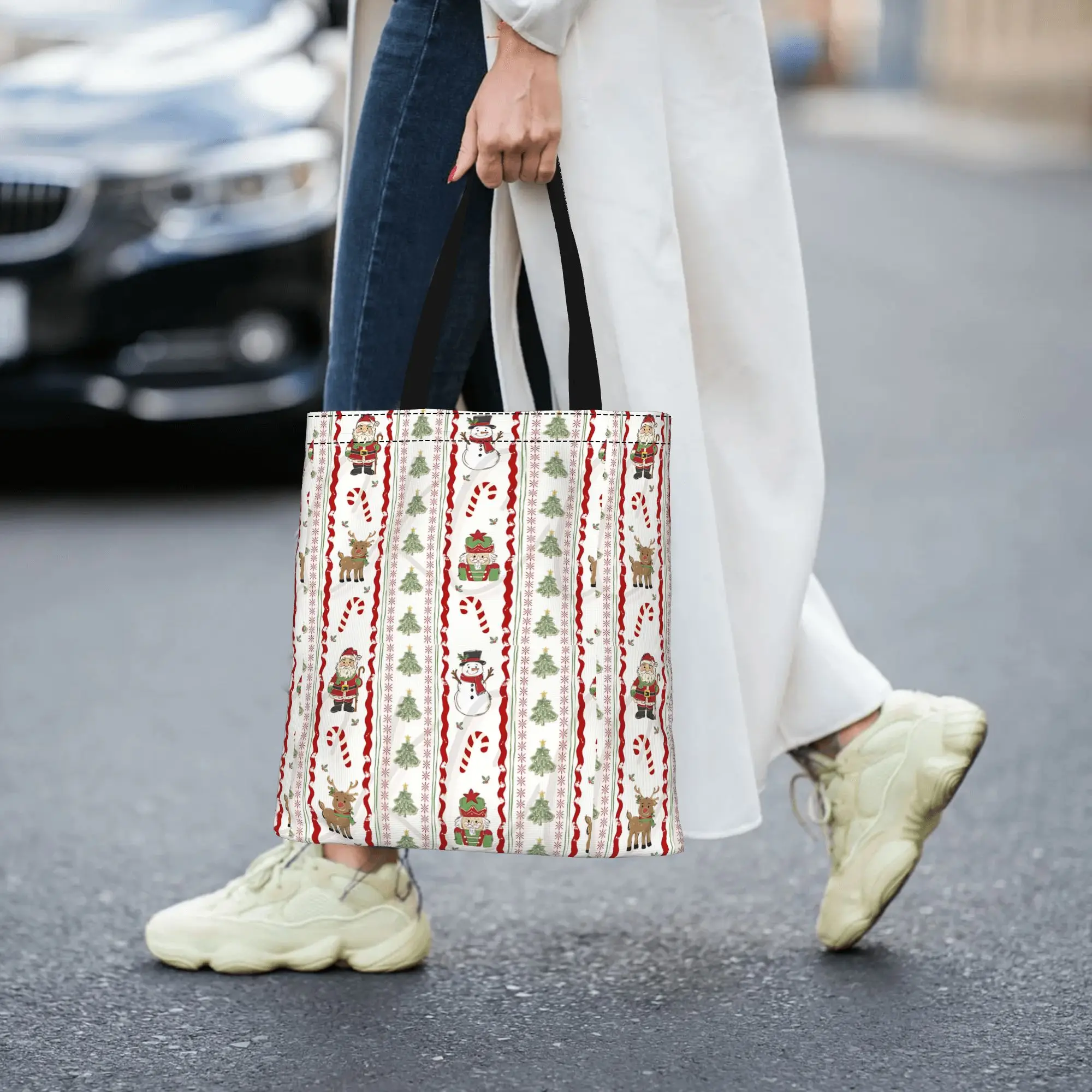 Customized Christmas Knit Ornament Pattern Women's Bag Shopping Bag Reusable Double Sided Canvas Tote Bag Shoulder  Handbag