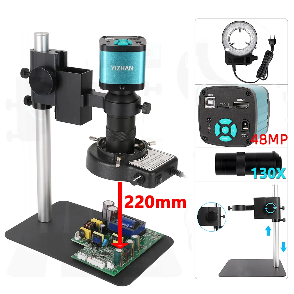 hdmi 4k video microscope camera industrial monocular zoom 130x luz de montagem em c usb digital para reparacao solda 48mp 13mp 01