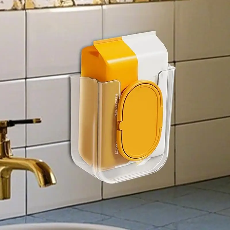 صندوق تخزين مناديل مبللة مثبت على الحائط غير مثقوب للحمام، حامل مناشف ورقية موفر للمساحة ذاتي اللصق