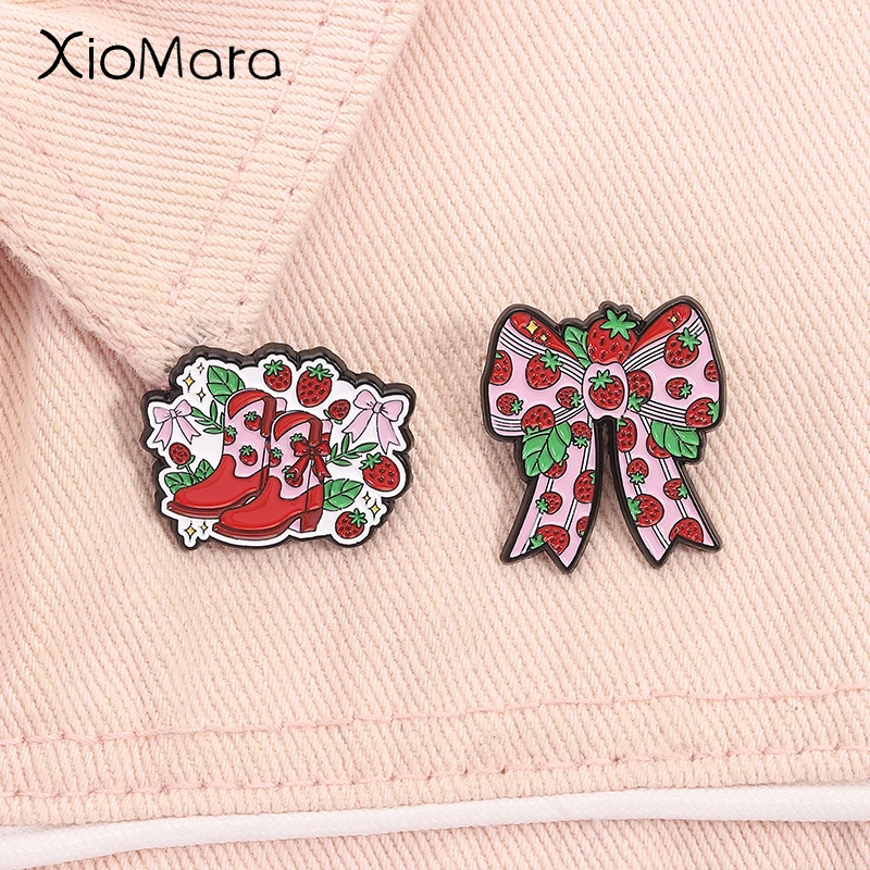 

Bow Strawberry Cowgirl Boot Enamel Pins Western Aesthetic Pink Cute Brooches Lapel Badge Fashion Jewelry Gifts for Friends
