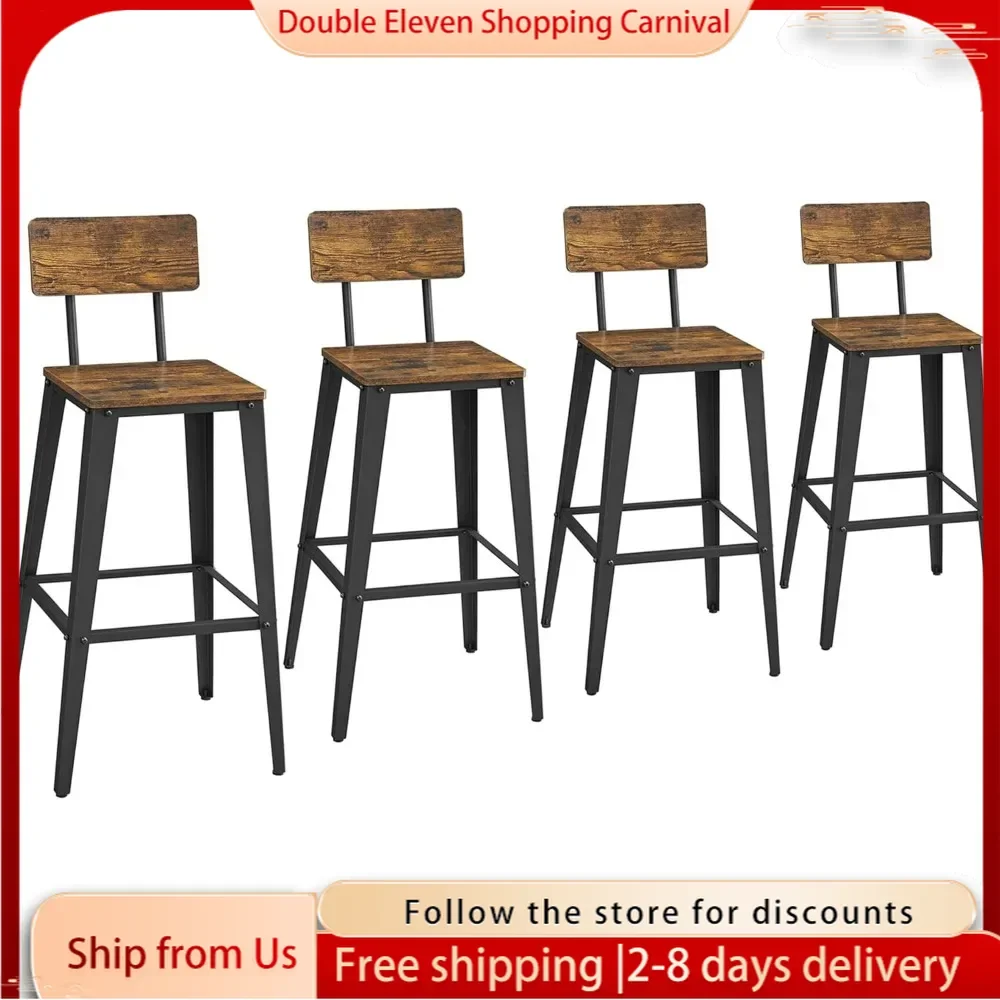 Set of 4 Bar Stools,  Tall Bar Stools with Back, Bar Chairs, Steel Frame, Easy Assembly, Rustic Brown and Ink Black