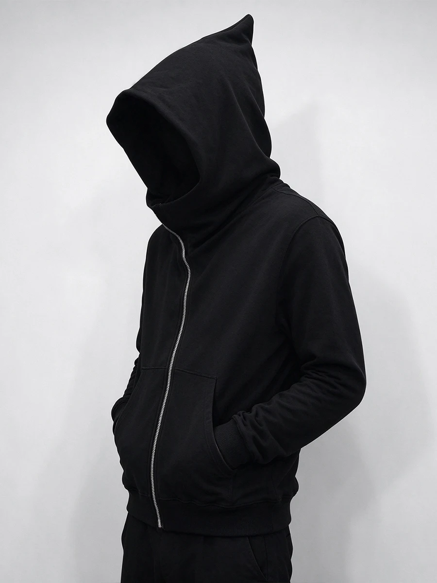 Men's Black Asymmetric Zip Up Hoodie Pointed Wizard Hat Kangaroo Pocket Gothic Hip Hop Streetwear Casual Sweatshirt Couple Coat