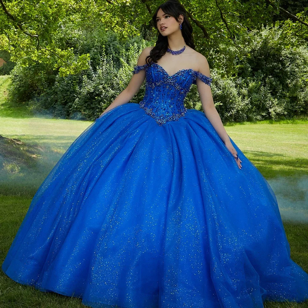 EVLAST Customized Royal Blue Quinceanera Dress Ball Gown Rhinestone Crystal Beaded Corset Sweet 16 Vestido De 15 Anos TQD077