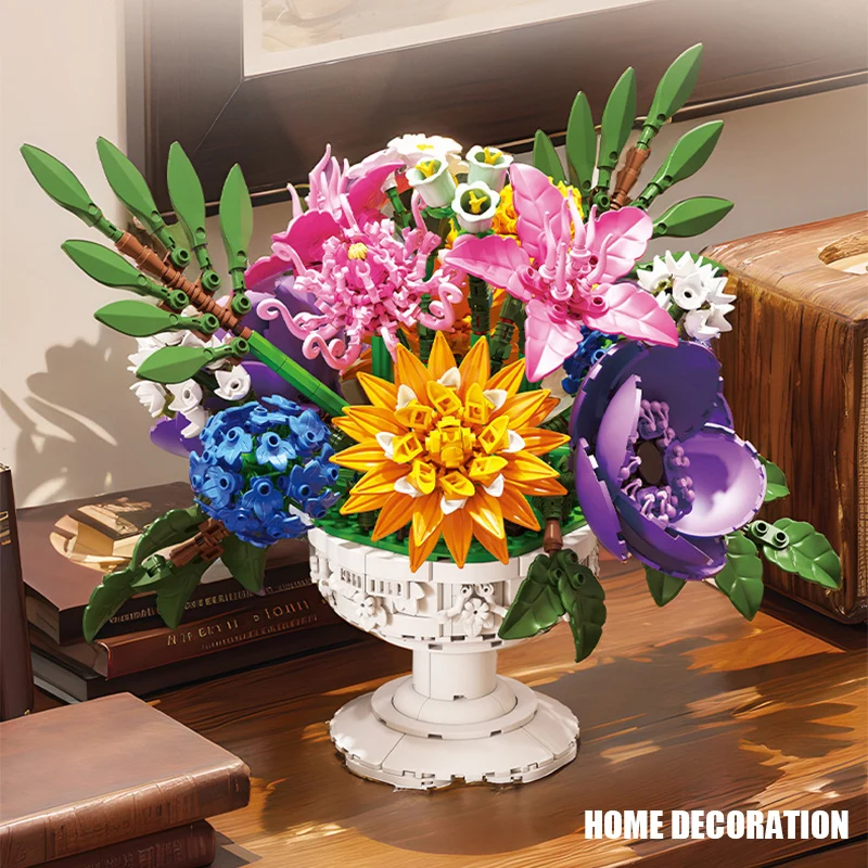 Kreatywny zestaw klocków 1081 elementów Ogród Kwiatowy Bonsai Dekoracja Domu Wieczny Bukiet Kwiatów Klocki MOC Zabawki Prezent na Walentynki